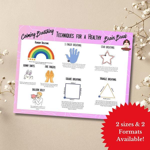 Calming Breathing Techniques for a Healthy Brain Break Poster - PRINTABLE