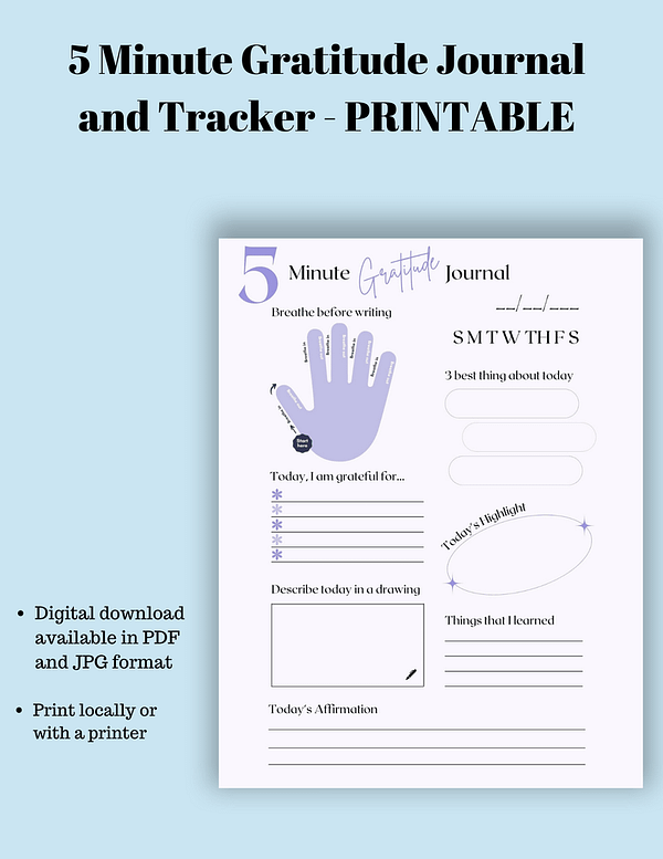 5 Minute Gratitude Journal and Tracker - PRINTABLE